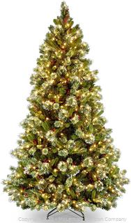 National Tree Company Pre-lit Artificial Christmas Tree | Includes Pre-strung White Lights and Stand | Flocked with Cones. Red Berries and Snowflakes | Wintry Pine Medium - 7.5 ft