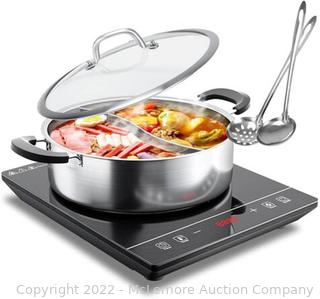 Portable Induction Cooktop Include 6 Quarts Cooking Pot With Divider. Dual Hot Pot Made Of 304 Stainless Steel. With Electric Countertop Burner Enjoy Shabu Shabu Hot Pot Party With Family And Friends