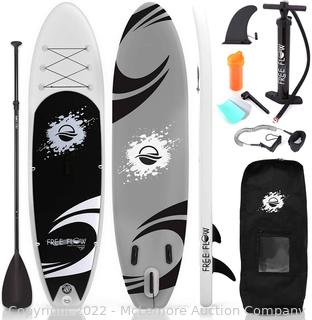 SereneLife 11 Foot Free Flow Inflatable SUP Stand Up Paddle Board Kit with Air Pump. Oar. Carry Bag. and Leash. White