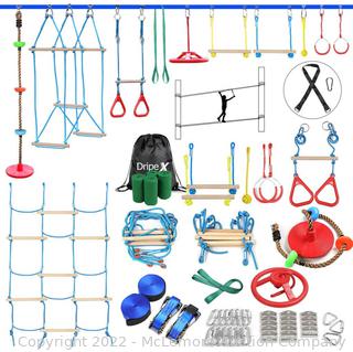 Dripex Ninja Warrior Obstacle Course for Kids - 2X60FT Ninja Slackline with Most Complete Accessories for Kids, Climbing Rope Swing, Trapeze Swing, Ninja Wheel, Webbing Ladder Plus 1.2M Arm Trainer