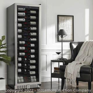 Wine Enthusiast 155-Bottle Wine Cellar with VinoView Shelving - Model. 269 02 88 03 - LED side Lighting and Security Lock, Freestanding - Front Venting - Powers on / Working / MISSING KEY!! We could not open - New Store Display - $2399 - SEE LINK (See Description)