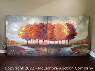 Two Piece Diptych Oil on Canvas Painting Autumn Tree Scene