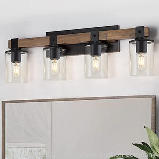 DUJAHMLAND Farmhouse Vanity Light Fixture, Industrial 4-Light Wood Wall Sconce Bathroom Vanity Lighting with Clear Glass Lights Shade,for Hallway,Kitchen,Bedroom(Antique Wood, 4-Light)