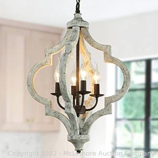 PHILOMENA Farmhouse Chandelier 4-Light Distressed White Wood Dining Room Lamps Handmade Pendant Light Retro Vintage Rustic Hanging Light Fixtures for Kitchen Island Living Room Ceiling Chandelier