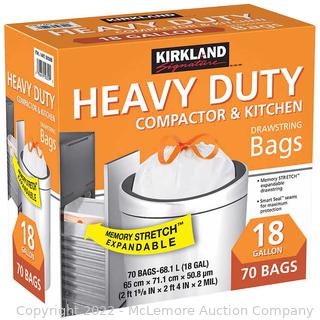 Kirkland Signature 18-Gallon Compactor & Kitchen Trash Bag, 70-count (New)