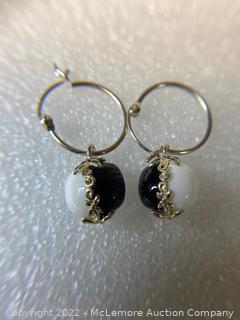 Sterling Silver Hoop Earrings w/dangling half white & half black stone 