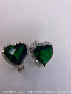 Emerald Color Heart Stone w/Diamond Accent surround in Sterling Silver Latch Back
