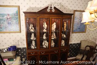 Mahogany formal china cabinet with inlays and crotch walnut, maple, and more.  From Hickory, NC.  60"x 88"