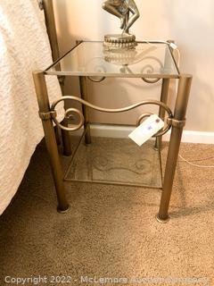 Metal Ornamental Nightstand with Glass Top and Shelf (Lamp Not Included)