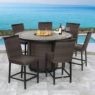 Agio Conway 7-piece Fire Table High Patio Dining Set - All-Weather Wicker, Rust-Resistant, Hand-Laid Porcelain Tile Tabletop, 60,000 BTU Fire Table - NEW - Store Display - missing cover to burner ( Can replace with stones, pebbles ) and slight signs of wear from being store display - SEE PIX - OVERALL EXCELLENT - $1999 - SEE LINK! (See Description)