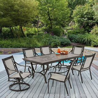 Agio Turner 7-piece Sling Dining Set - 41.8 in. x 79.8 in. x 29.2 in.-Phifertex Premier Sling Fabric - Porcelain Tile Tabletop - Rust-Resistant Aluminum Frames - Table and 6 chairs - Store Display - Table Like New - 2 captains swivel chairs like new - 4 side chairs show wear - SEE PIX - $1699 - SEE LINK (See Description)