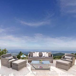 Brand New - Belmont 7-piece Seating Set - Gray - Sofa, 2 Club Chairs, 2 Ottomans, Coffee Table and Side Table - Hand-woven, All-weather Resin Wicker - Sunbrella Cushions - $2699 - SEE LINK (New)