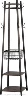 VECELO Industrial Coat Rack,Coat stand with Deep Metal Basket and 2 Tier Shelves, Upgraded Freestanding Hall trees with 8 Dual Hooks, Vintage Brown