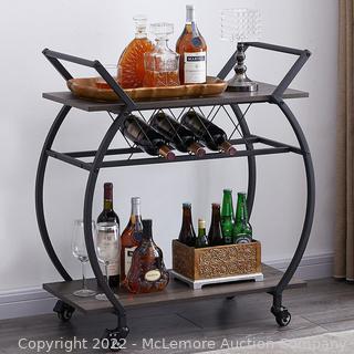 LVB Bar Cart with Wine Rack, 2 Tier Kitchen Coffee Cart on Wheels, Industrial Wood and Metal Portable Liquor Wine Cart for Home, Rustic Modern Mobile Rolling Serving Cart with Shelves, Dark Gray Oak. Parts Unverified