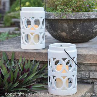 NEW - Ceramic Lantern with LED Candle, 2-pack -7" Dia. x 11.5" Height each - Outdoor Rated LED Candles with 6 hour Timer - Powder Coated Steel Handles - SEE LINK (New)