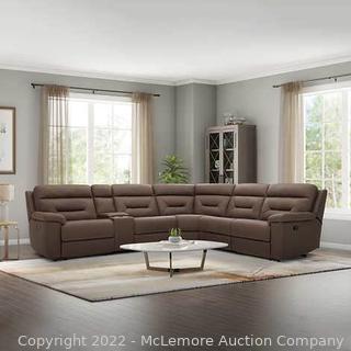 Fletcher 6-Piece Fabric Modular Reclining Sectional - Brown - Three Leggett & Platt Manual Reclining Seats, 2 Power Outlets and USB ports by Gilman Creek Furniture -New in box - BUT - one box has forklift damage and put a tear in the wedge center piece - SEE PIC $1799 - SEE LINK (See Description)