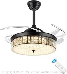 42in Crystal Ceiling Fan Invisible Retractable Fan with 3Color & 3 speeds Remote Control Chandelier Lamp ceiling fan for Dining Room Bedroom black. Parts Unverified