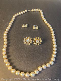 Pearl Necklace and 2 Pairs of Earrings.