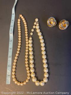 2 Pearl Necklaces & a Pair of Two Toned Clip On Earrings