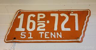 Vintage 1951 Tennessee Shaped License Plate