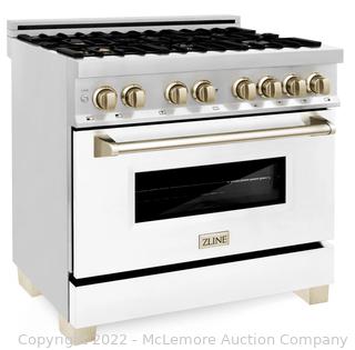 ZLINE Autograph Edition 36" 4.6 cu. ft. Dual Fuel Range with Gas Stove and Electric Oven in Stainless Steel with White Matte Door and Accents (RAZ-WM-36) MSRP $6105  APPEARS NEW IN BOX