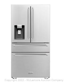 ZLINE  36 Inch Wide 21.6 Cu. Ft. Energy Star Certified French Door Refrigerator with Water and Ice Dispenser and Fingerprint Resistant Finish MSRP $4599 UNIT IS NEW BUT HAS DENTS - RUNS QUIET AND COOLS