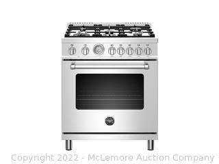 Bertazzoni Master Series MAST302DFMXE Stainless Steel Master Series 30" 4.7 cu ft. Freestanding Dual Fuel Range MSRP $3800   Unit has cosmetic dent on left rear side. Will not show when installed.