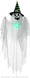 Halloween Haunters 29" Hanging White Ghost Witch with Flashing Multi-Color LED Lights Prop Decoration - Spooky Red Eyes, Black and Green Hat, Screaming Face - Haunted House Entryway, Fun Party Display Brand New