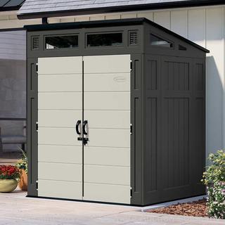 New Open Box - Suncast 6 ft. x 5 ft. Modernist Storage Shed Weather Resistant Resin Shed, Angled Roof with vents and Windows - 200 cu. ft. storage, All Weather Construction, Multi-wall Resin Panels - Gray - $799 - SEE LINK (New - Open Box)
