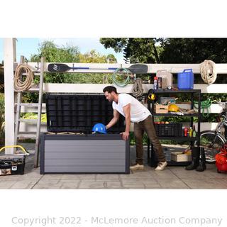 Keter EvoTECH Cortina 150 Gallon Deck Box, Black and Gray - Easy to keep in great shape, thanks to the weather-resistant and UV protected resin material - Resin double wall construction for extra durability - Convenient piston system that opens and closes smoothly and will not slam shut - $249 - SEE LINK (New - Open Box)