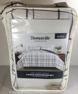 NEW - Thomasville Comforter Set KING + 2 King Shams Relaxed Wash - BLUE PLAID (New)