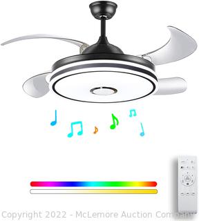 BAYSQUIRREL Retractable Ceiling Fan with Light and Bluetooth Speaker, Silent Motor Bluetooth Fan Chandelier with Remote Control 7 Changing Color 36W 42 inch (Black) 