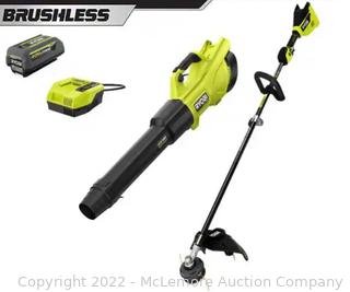 RYOBI 40V HP Brushless 600 CFM 155 MPH Cordless Leaf Blower and Carbon Fiber String Trimmer with 4.0 Ah Battery and Charger