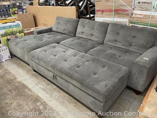 3 Piece Gray Fabric Sectional with Extra Large Storage Ottoman - Could not find mfg info - Used shows wear - slight tears in fabric - SEE PIX (See Description)