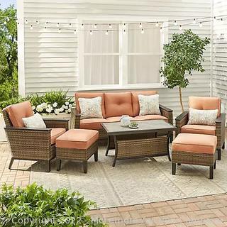 Brand New - Berkley Jensen St. George 6-Pc. Wicker Deep Seating Set by Agio - Clay - All-weather outdoor fabric resists fading, mildew, and stains - Includes two deep seating cushioned wicker lounge chair, one deep seating cushioned wicker sofa, two cushioned wicker ottoman, one rectangular captured tile top woven coffee table - $2398 - SEE LINK! (New - Open Box)