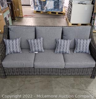 NEW- Outdoor Patio Couch - Grey and black couch - Wicker with 4 accessory pillows and gray fabric cushions - no mfg info -  79"W x 38"H x 33"Depth - NEW - SEE PIX (New - Open Box)