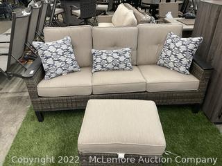 New Store Dispaly - Berkley Jensen Deep Seating Couch and Ottoman - Seats 3 - Tan Cushions with Throw Pillows - SEE PIX (New)