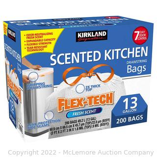 Kirkland Signature Flex-Tech 13-Gallon Scented Kitchen Trash Bags, 200-count (New - Open Box)