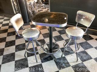 Bar Height Rectangular Dining Table with Formica Top and Metal Base with (2) Vitro Metal and Upholstered Swivel Bar Stools with Backs