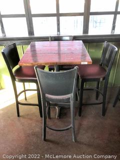 Bar Height Table with Wooden Top and Metal Base with (4) Wooden and Upholstered Bar Height Chairs