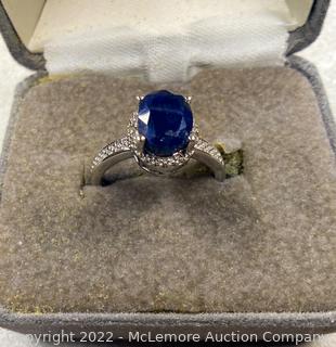 Sterling Silver Ring with 2-1/2 Carat Sapphire and 2 Small Diamonds
