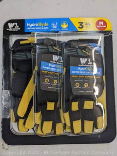 Wells Lamont Men's HydraHyde Leather Work Gloves 3 Pairs - MEDIUM - Water-Resistant, Breathable, Stretch Spandex Back - Leather Pull Tab on Cuff for Quick, Easy Removal - See Link! - NOTE: Our product has 3 Pairs of Gloves, while the link says 6 -  (New - Open Box)