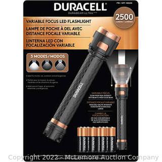 Duracell 2500L Flashlight - 2500 Lumens at High Power Intensity, 200 at Lower - 3 Light Modes are High Beam, Low Beam and Emergency Strobe Beam - See Link! FLASHLIGHT ONLY - MISSING BATTERIES (See Description)
