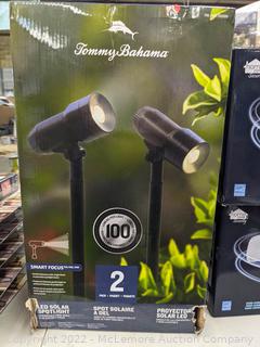  Tommy Bahama LED Solar Spotlight - 2 Pack - 100 Lumens Per Light - Smart Focus - Convertible Light Angle and Adjustable Focus (New - Open Box)