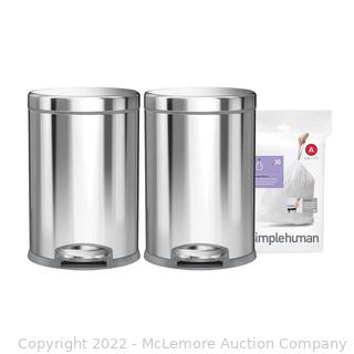 NEW IN BOX - Simplehuman 4.5L Round Step Can, 2-pack, Brushed Stainless Steel Trash Cans - - STRONG STEEL PEDAL - Silent Close Lid Patented Lid  (New)