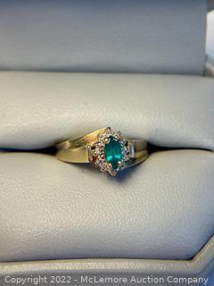 10K Gold Ring with Marquise Style Emerald Surrounded by Diamonds, Size 7