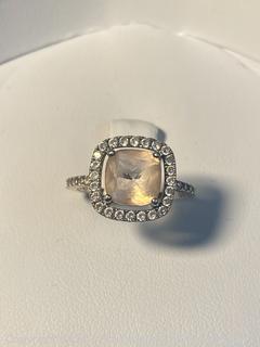 Sterling Silver Cushion Cut Citrine Ring Surrounded by Pavé Diamonds, Size 6