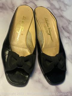 Salvatore Ferragamo Boutique Woman's Black Patent Slide, Bow Tie Open Toe Sandal