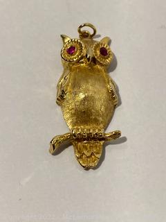 14K Gold Owl with Ruby Eyes Pendant