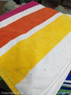 "As is" OZDILEK RESORT TOWEL, Measurements: 35 in X 70 in, YELLOW MULTI, (A SMALL STAIN)- SEE PHOTOS (See Description)